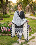 Black Digital Print Lawn Shirt with Embroidered Cotton Trouser & Chiffon Dupatta