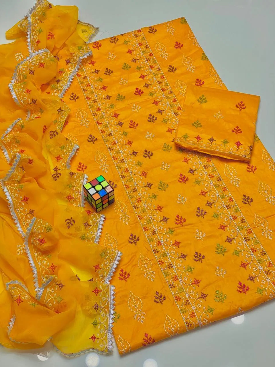 Yellow Embroidered Kurta Pajama Set for Women