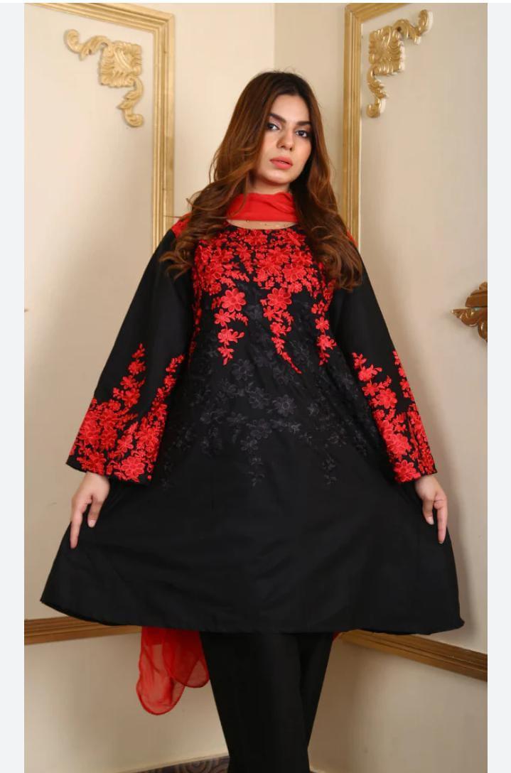 Black Red Embroidered 2-Piece Women's Suit
