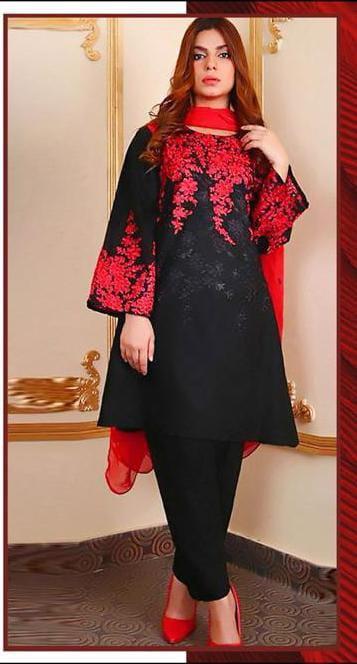 Black Red Embroidered 2-Piece Women's Suit