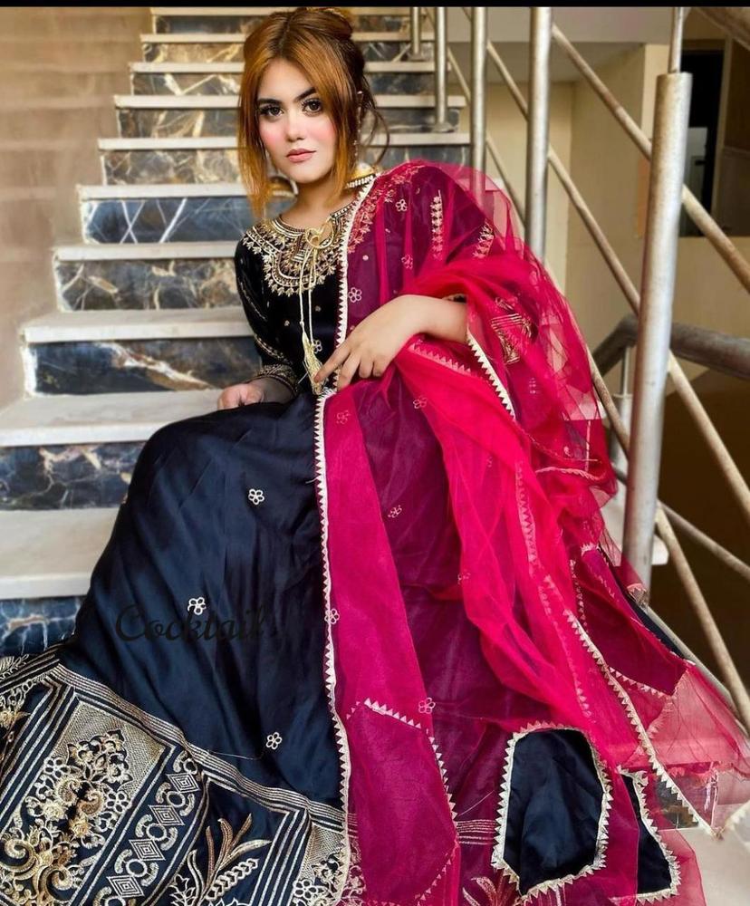 Maxi Katan Silk Dupatta Set Navy Pink 3 Pcs