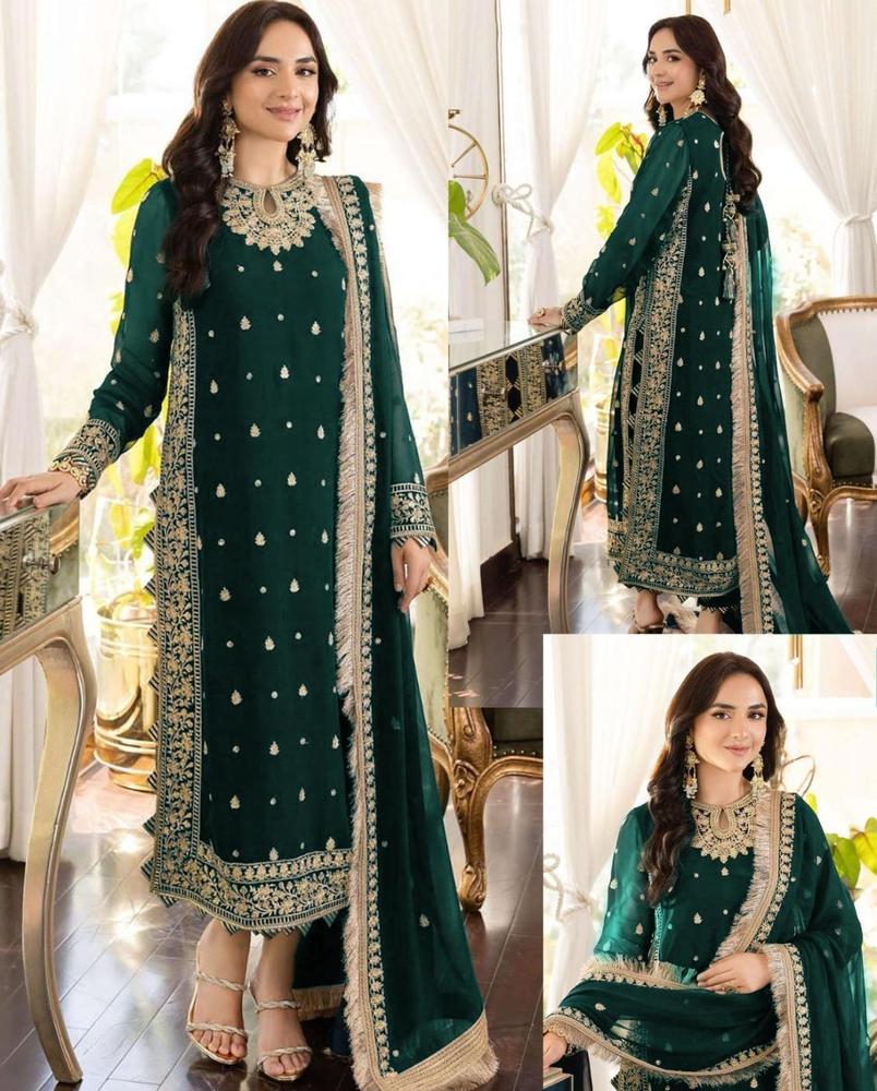 Green Embroidered 3-Piece Crinkle Chiffon Suit Medium to XL