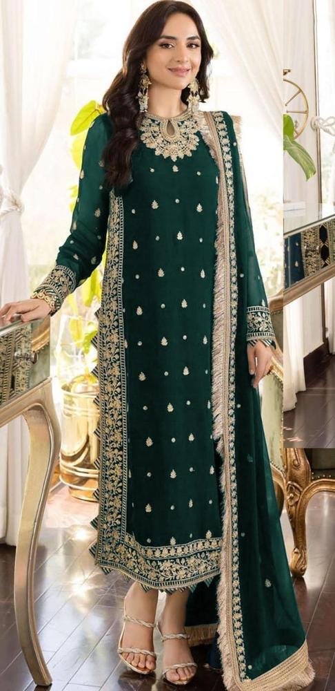 Green Embroidered 3-Piece Crinkle Chiffon Suit Medium to XL
