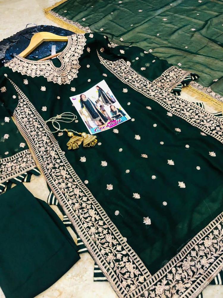 Green Embroidered 3-Piece Crinkle Chiffon Suit Medium to XL