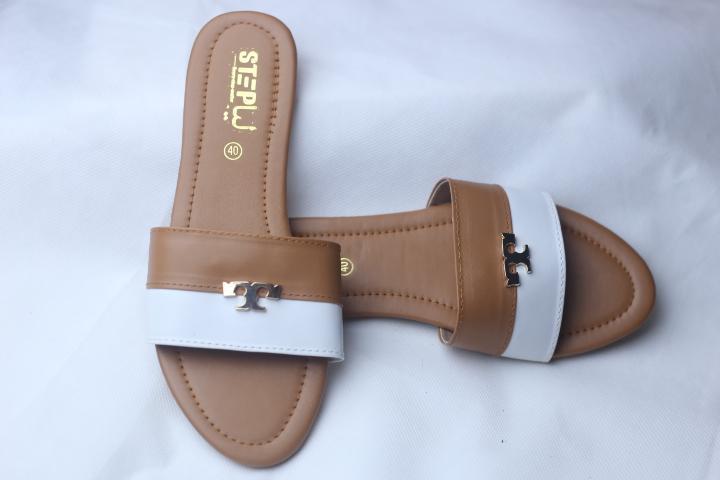 Brown Rexine Slides with Gold Logo for Women