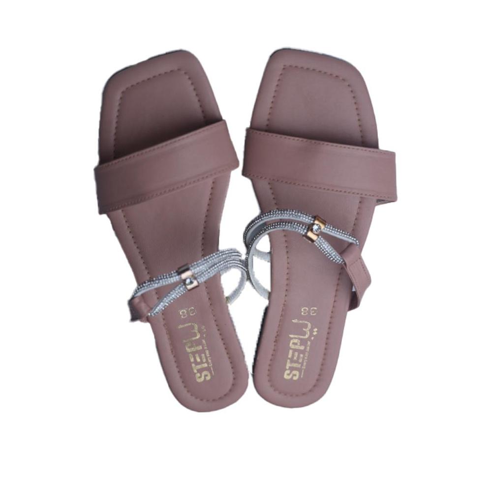 Peach Rexine Flat Sandals with Metallic Strap