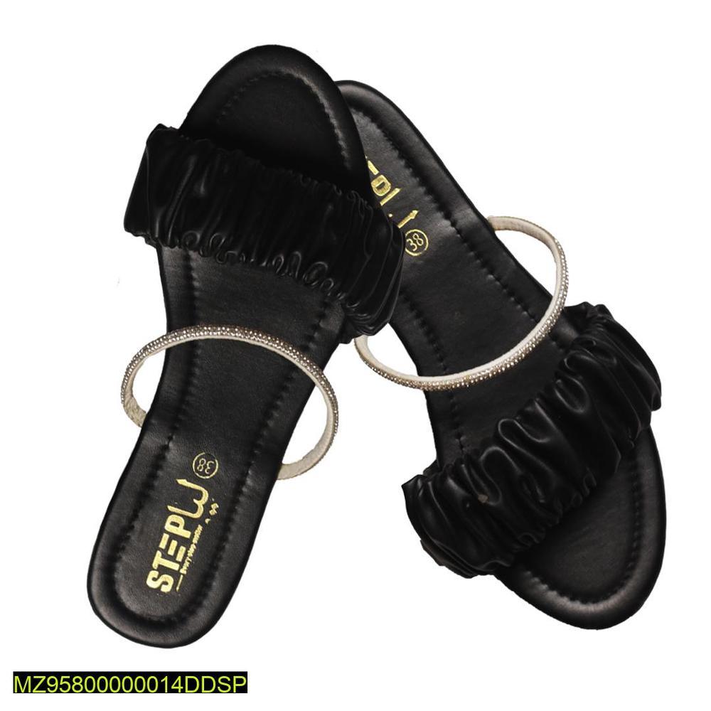 Black Ruffled Flat Sandals for Women with Silver Strap