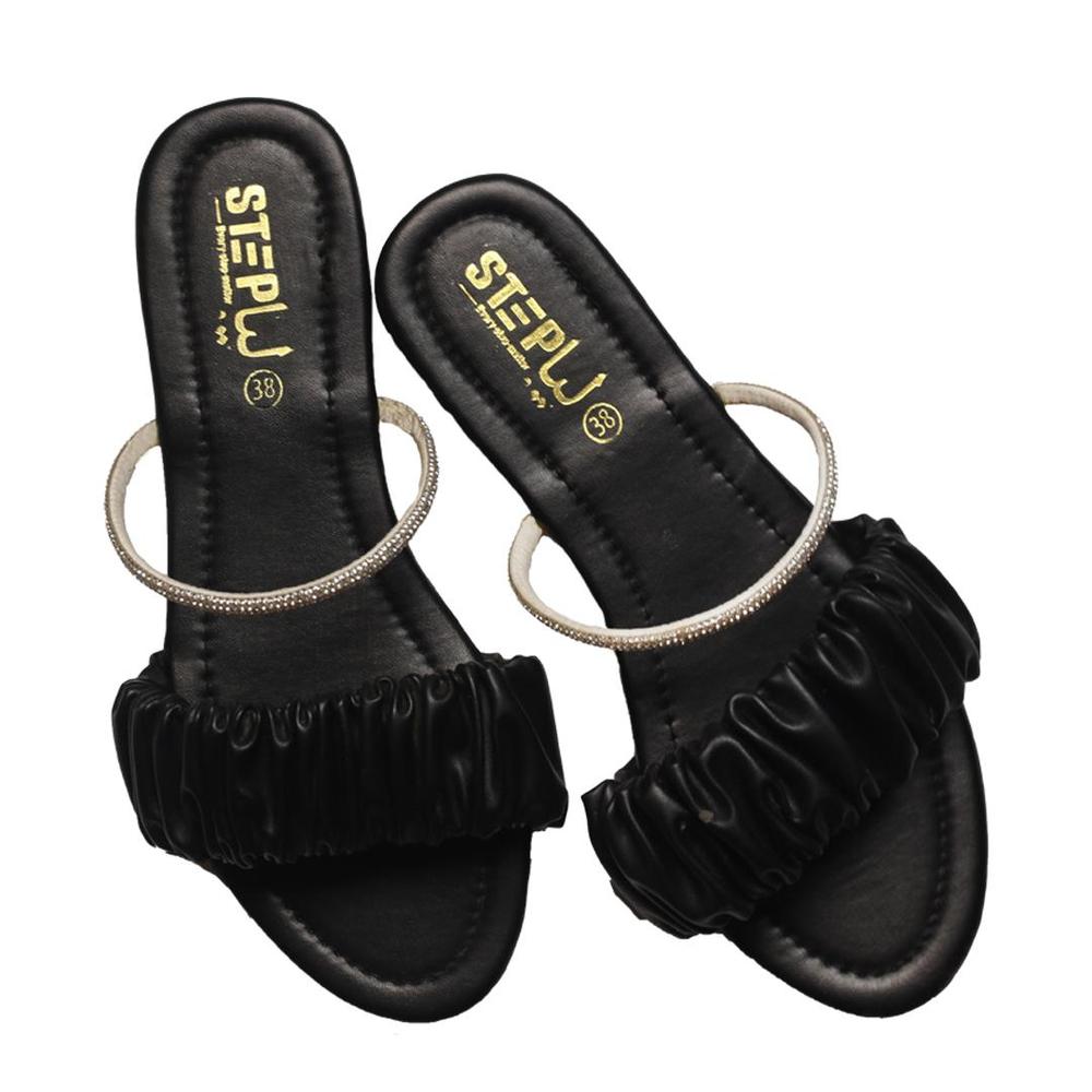 Black Ruffled Flat Sandals for Women with Silver Strap