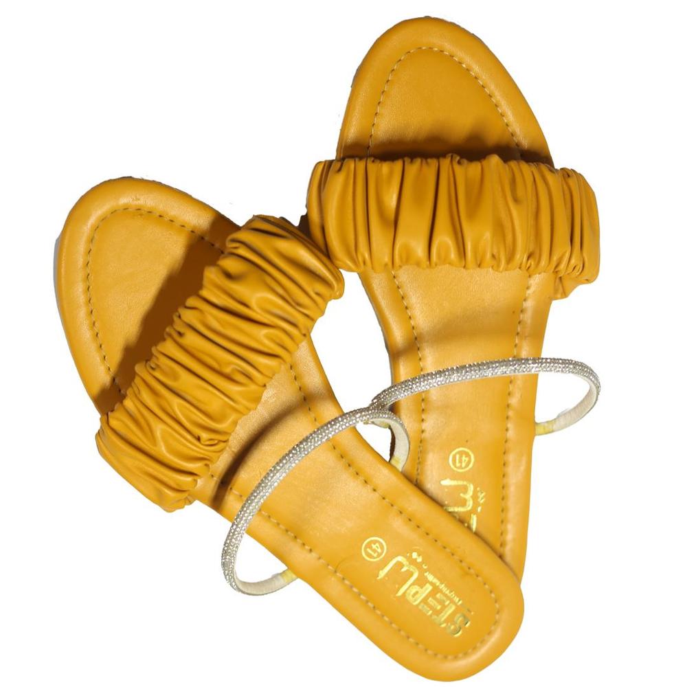 Yellow Rexine Flat Sandals with Sparkle Ankle Band