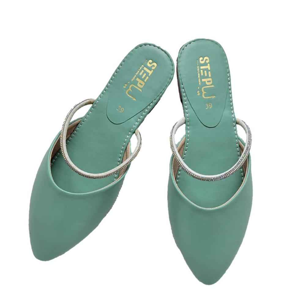 Green Pointed Toe Rexine Slides for Women