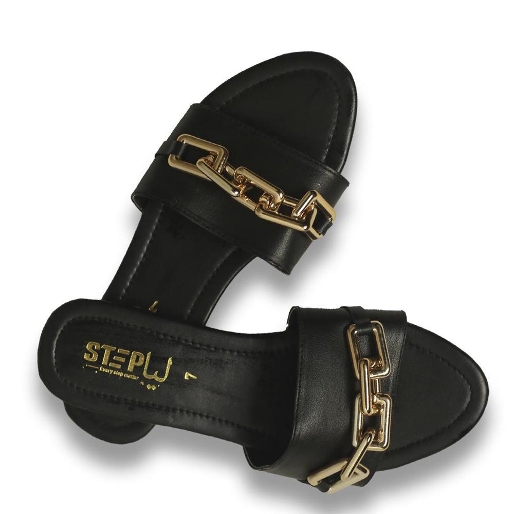 Black Rexine Flat Sandals with Gold Chain Strap