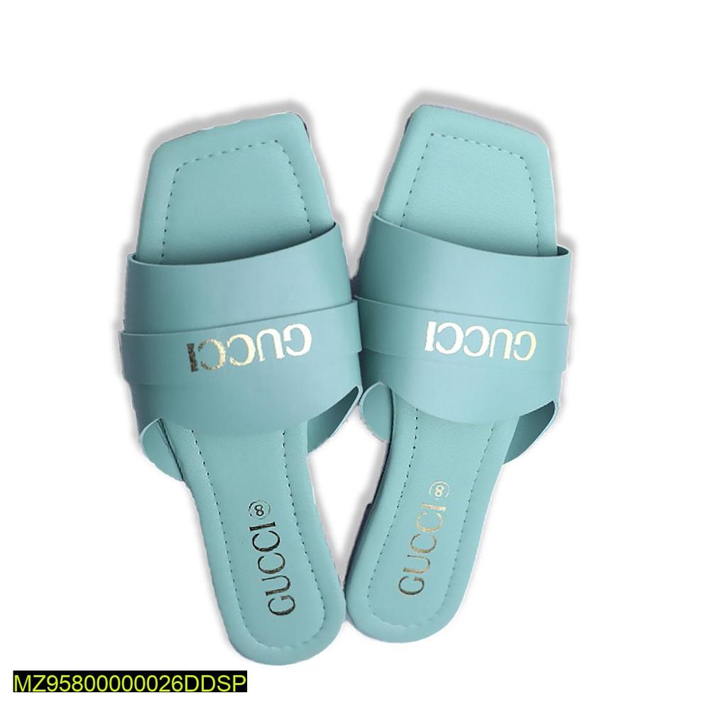 Women's Light Blue Rexine Slippers with Gold GUCCI Brand