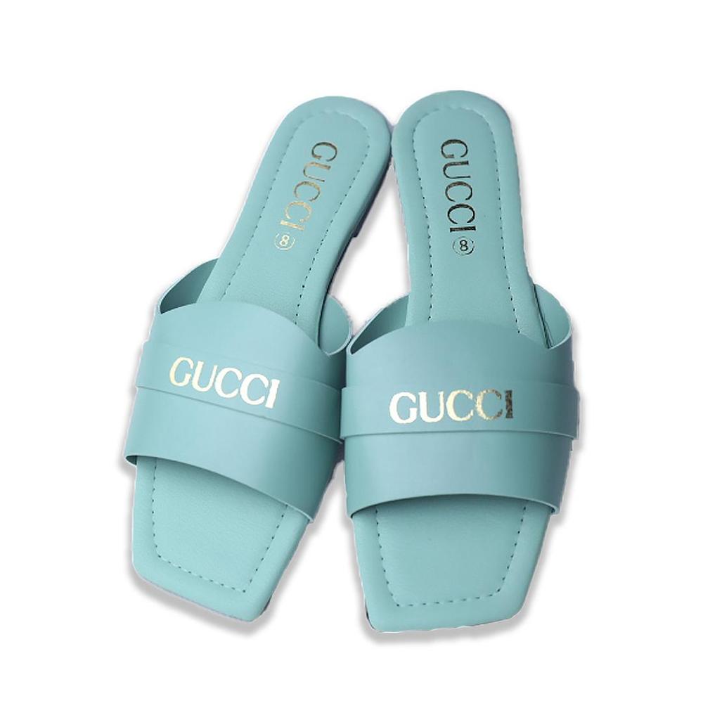 Women's Light Blue Rexine Slippers with Gold GUCCI Brand
