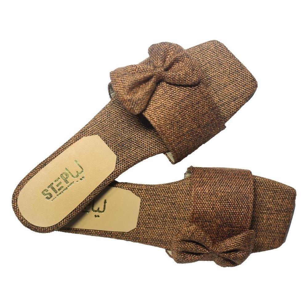 Women's Bow Slippers Brown Woven Casual Eid Comfort