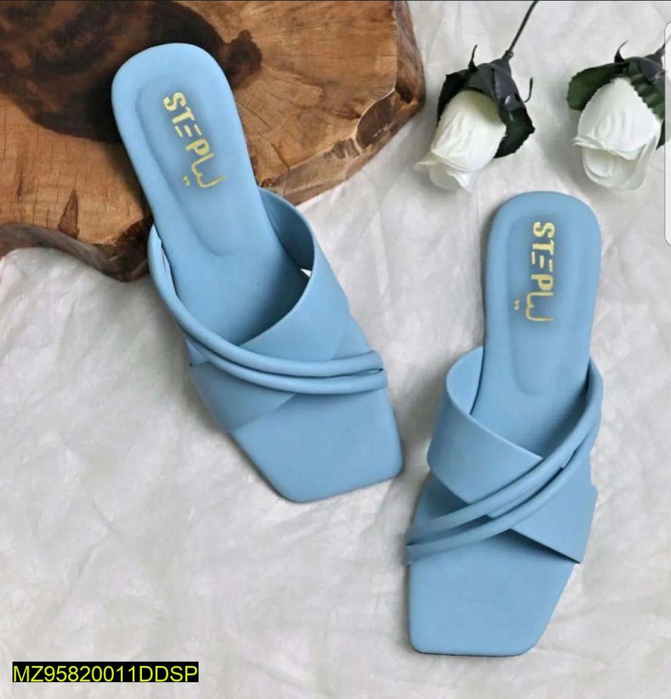 Blue Cross-Strap Rexine Slides for Women