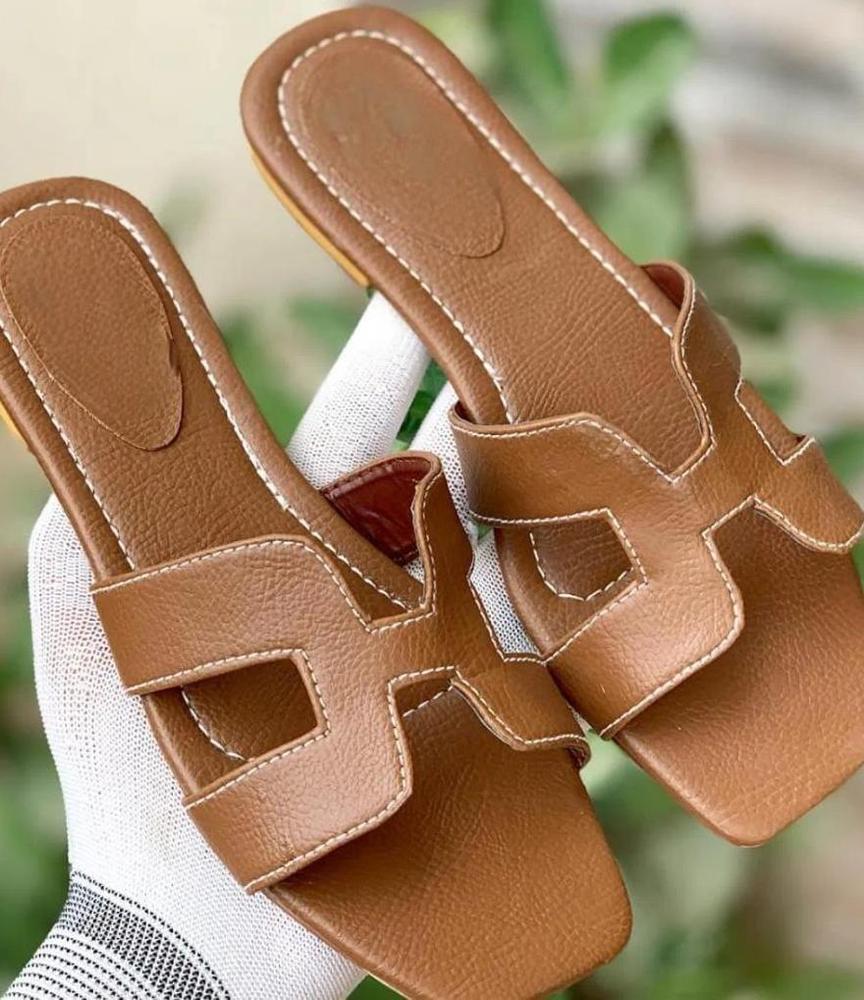 Women's H-Strap Brown Rexine Slides Casual Flat Sandals