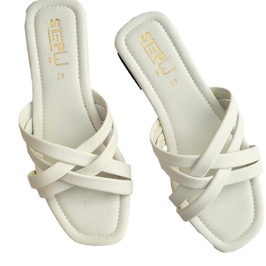 White Rexine Crisscross Flat Sandals Size 9