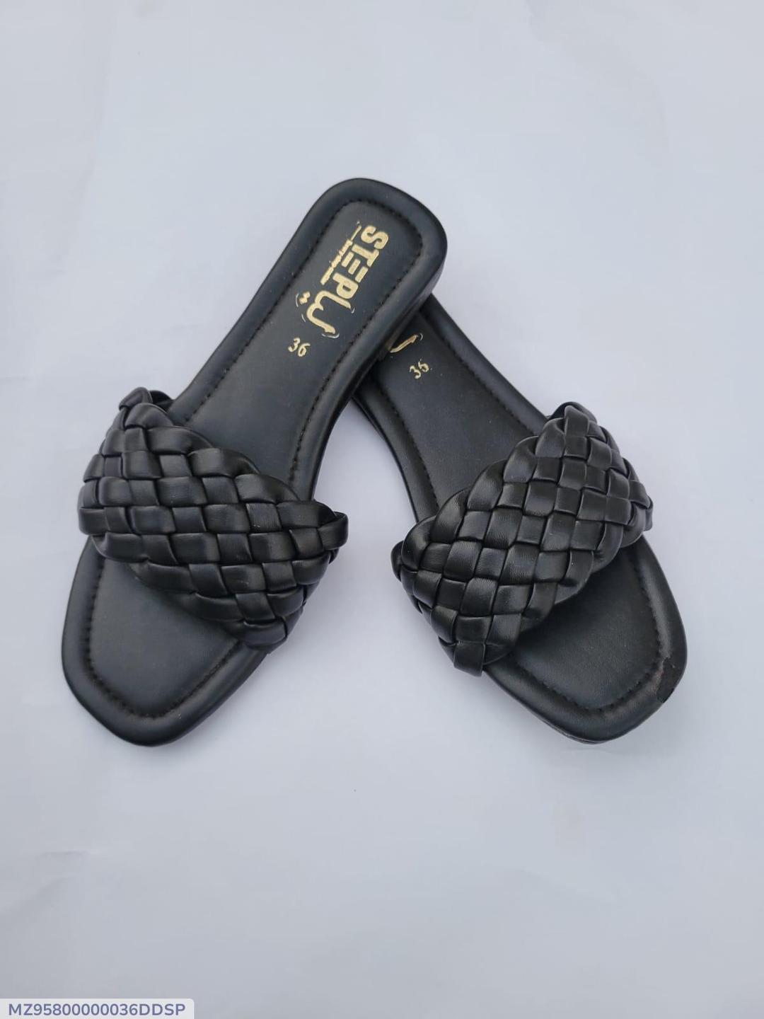 Black Woven Slipper Flat Shoes for Women