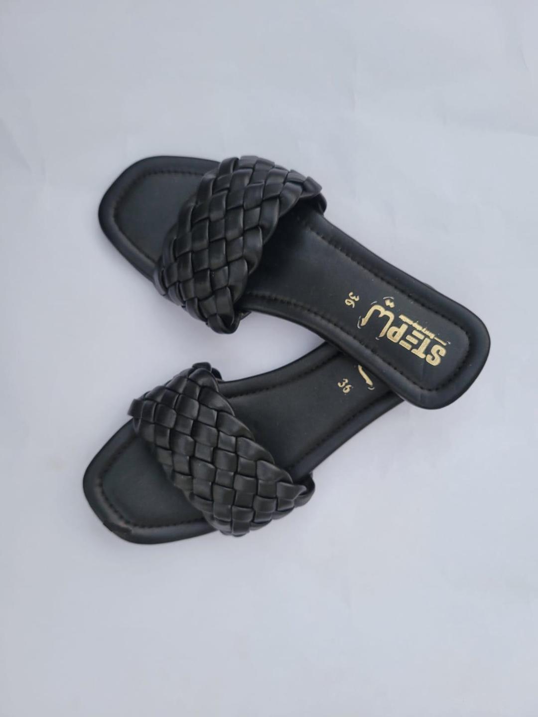 Black Woven Slipper Flat Shoes for Women