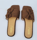 Brown Rexine Bow Flat Slides for Women