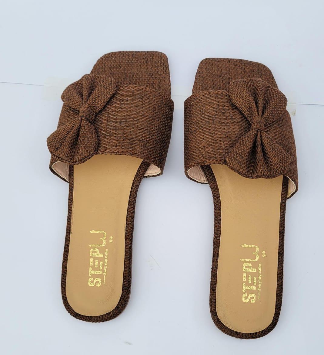 Brown Rexine Bow Flat Slides for Women