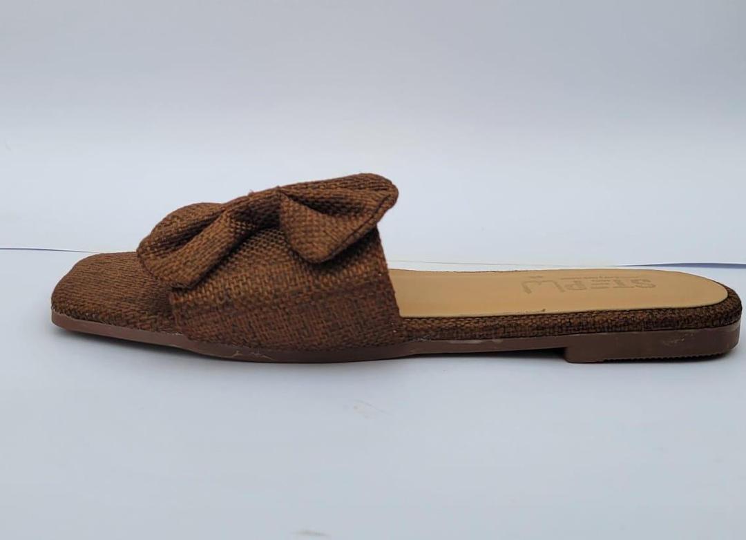 Brown Rexine Bow Flat Slides for Women