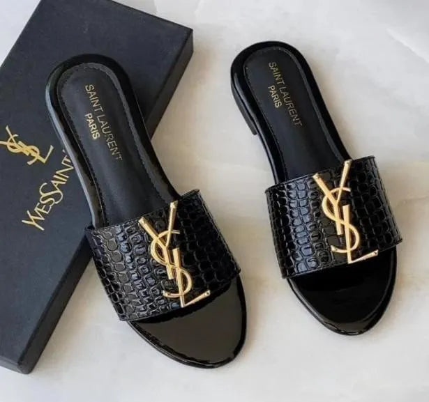 Black YSL Logo Women's Flat Slippers