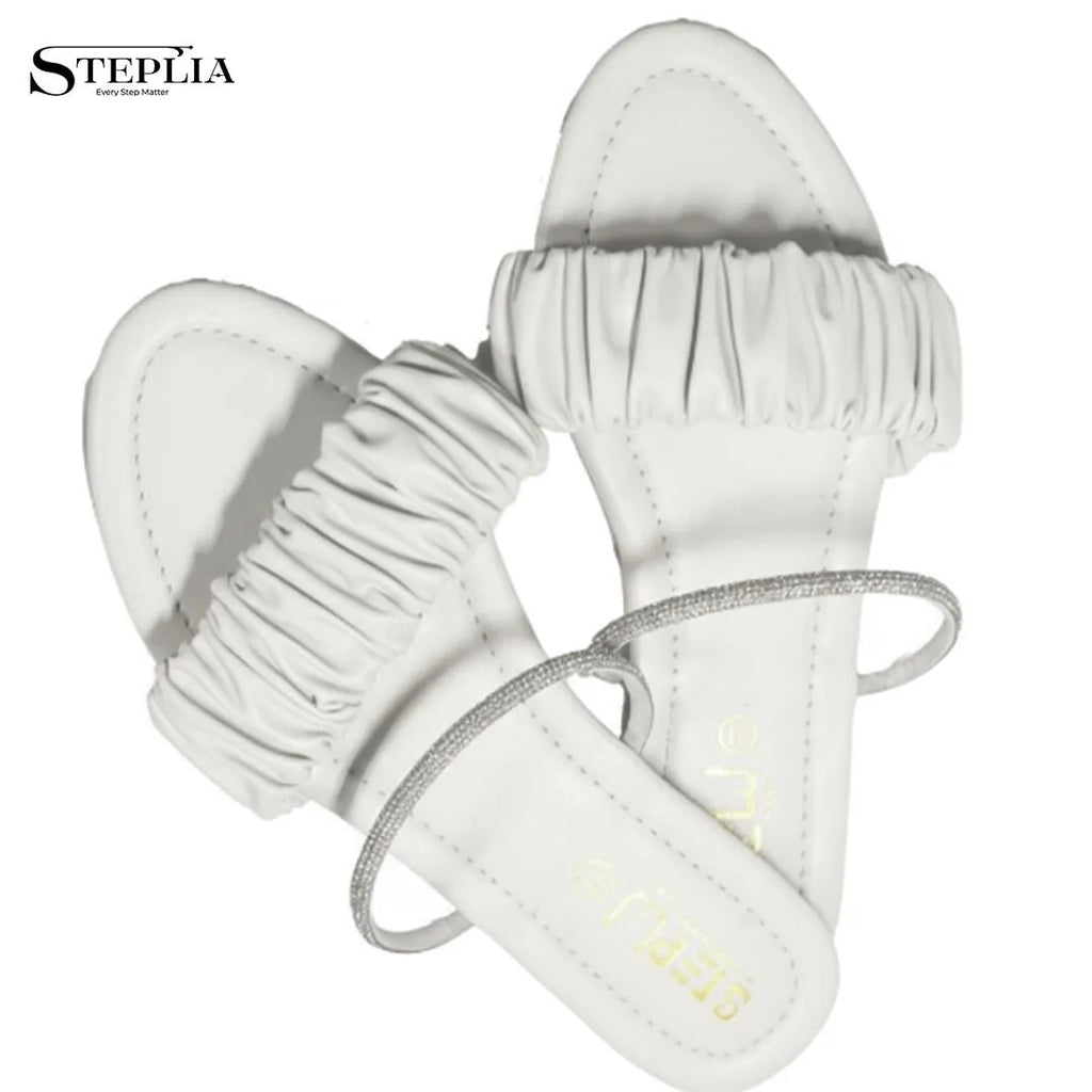 White Rexine Women's Flat Flats with Ruffled Strap