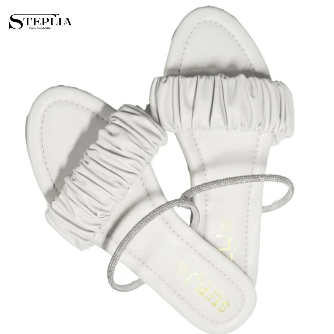 White Rexine Women's Flat Flats with Ruffled Strap