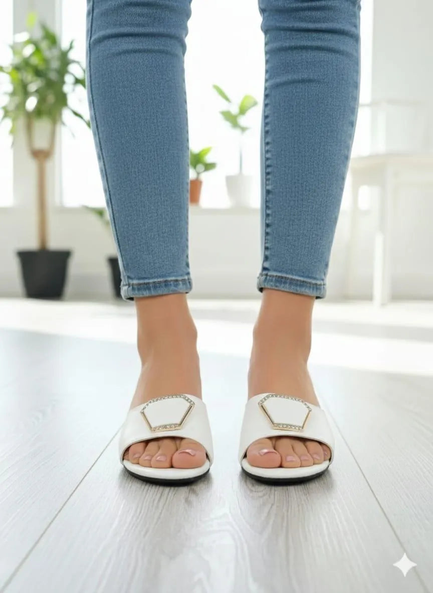 White Block Heels with Hexagonal Embellishment for Women