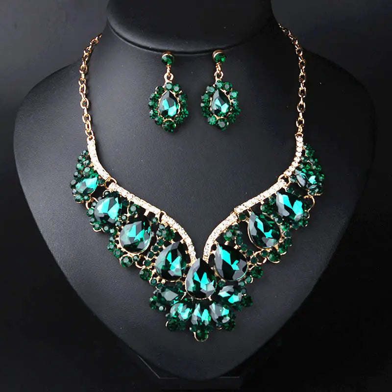 European & American Flash Crystal Gem Necklace Earrings Set