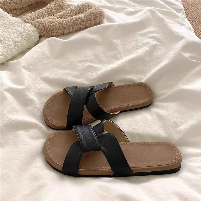 Women Cross Strap Flat Sandals Black Summer