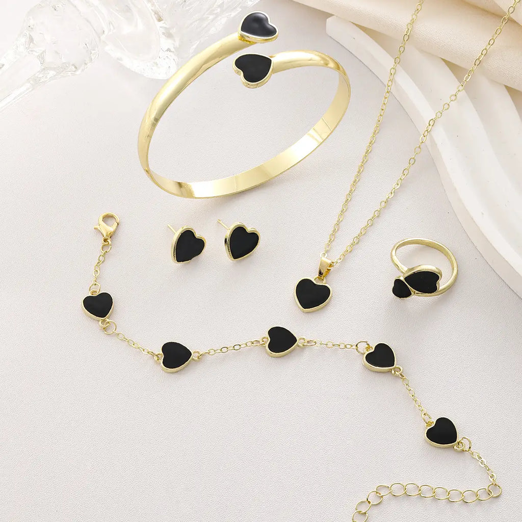 Red Heart Bracelet Earrings Necklace Set Gold Plated