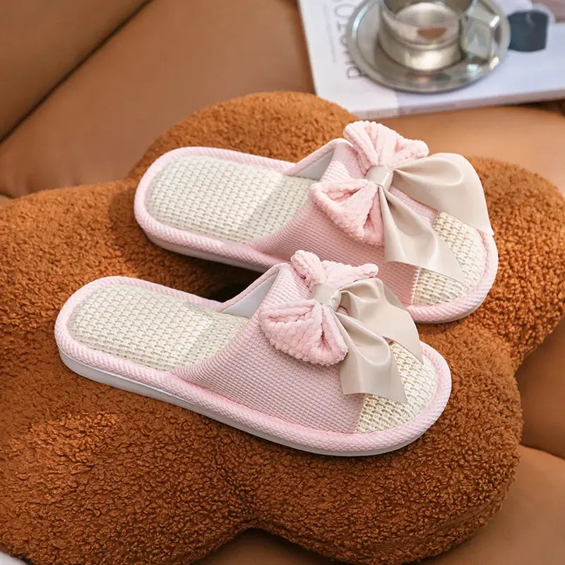 Nest Nest Good Bow Linen Slippers Women's New Four Seasons Home Indoor Floor Non-slip Cotton Linen Slippers