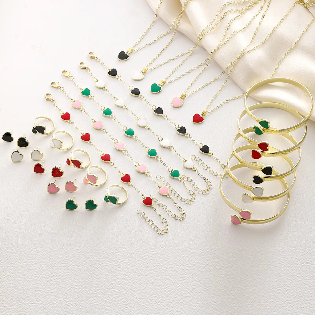 Red Heart Bracelet Earrings Necklace Set Gold Plated