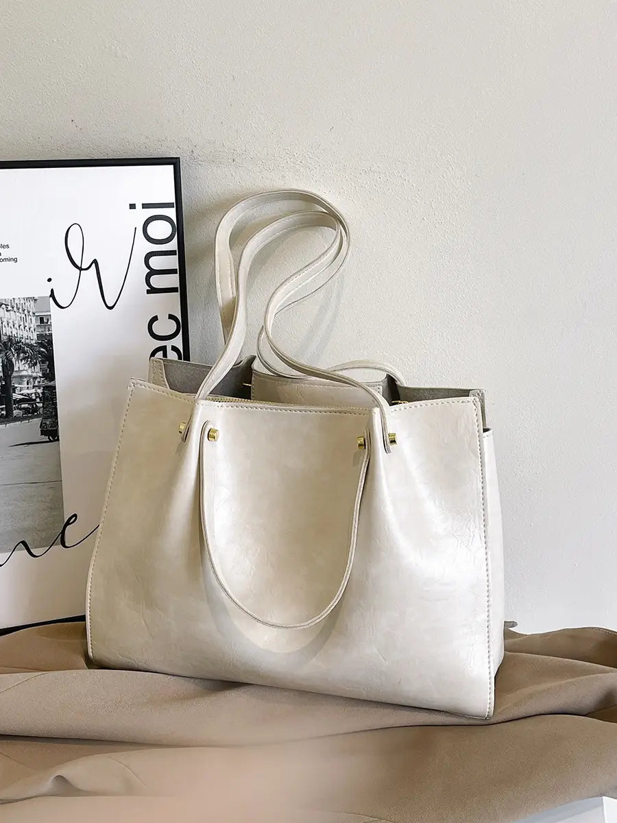 Women's White Leather Retro Tote Bag 2024 Winter