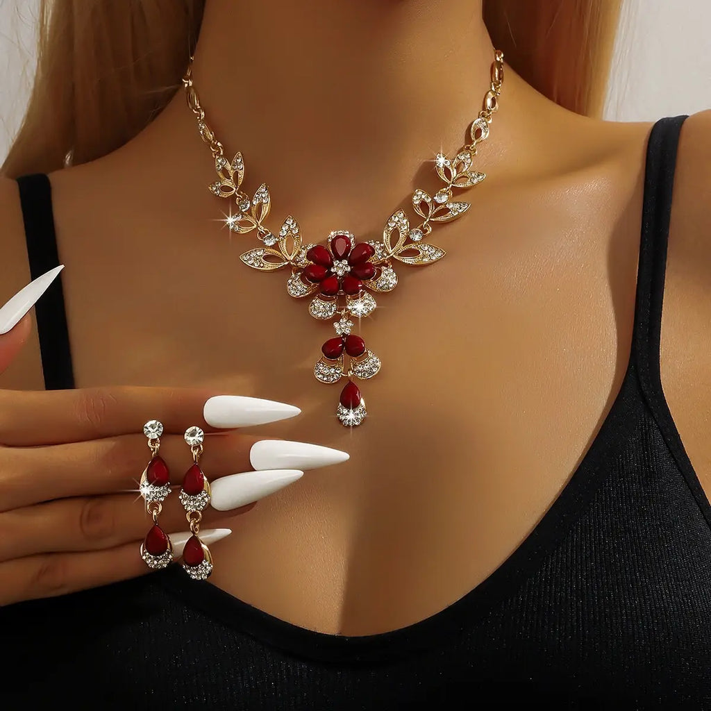 Luxury Green Flower Necklace Earrings Set for Women