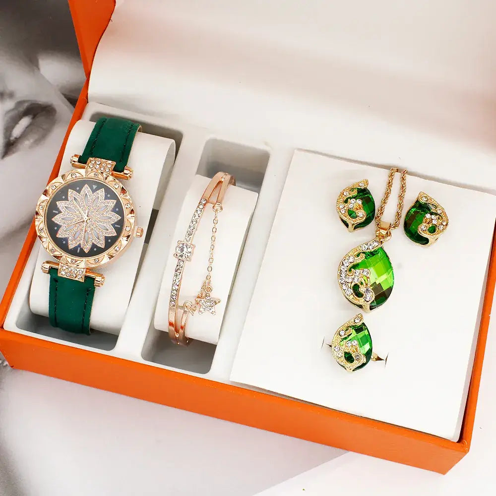 Women's Red Crystal Watch & Jewelry Set
