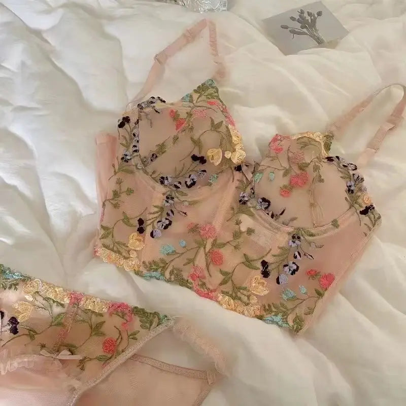 Transparent Embroidered Floral Sling Bra Non-Rimmed Small