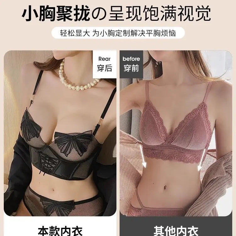 French Lace Bow Mesh Underwire Bra Set for Small Busts