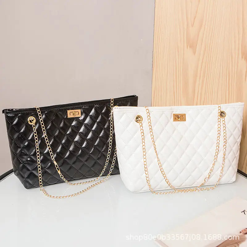 Black Quilted Women's Shoulder Bag with Gold Chain