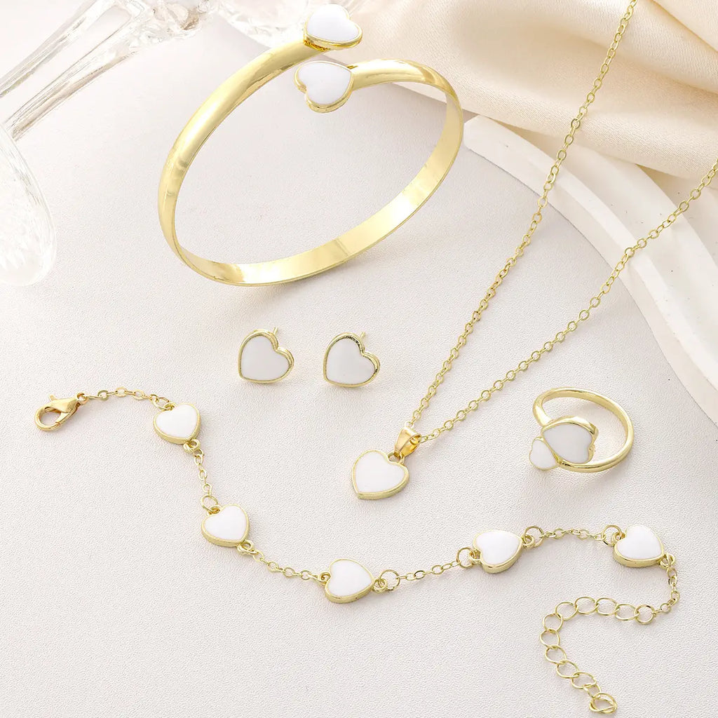 Red Heart Bracelet Earrings Necklace Set Gold Plated
