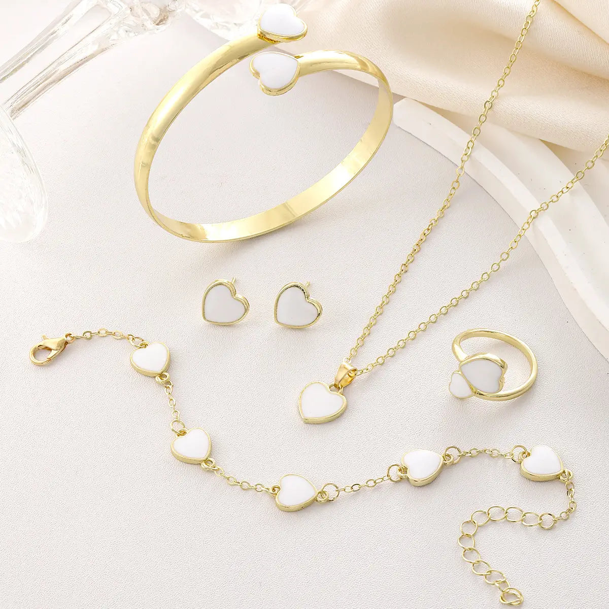 Red Heart Bracelet Earrings Necklace Set Gold Plated