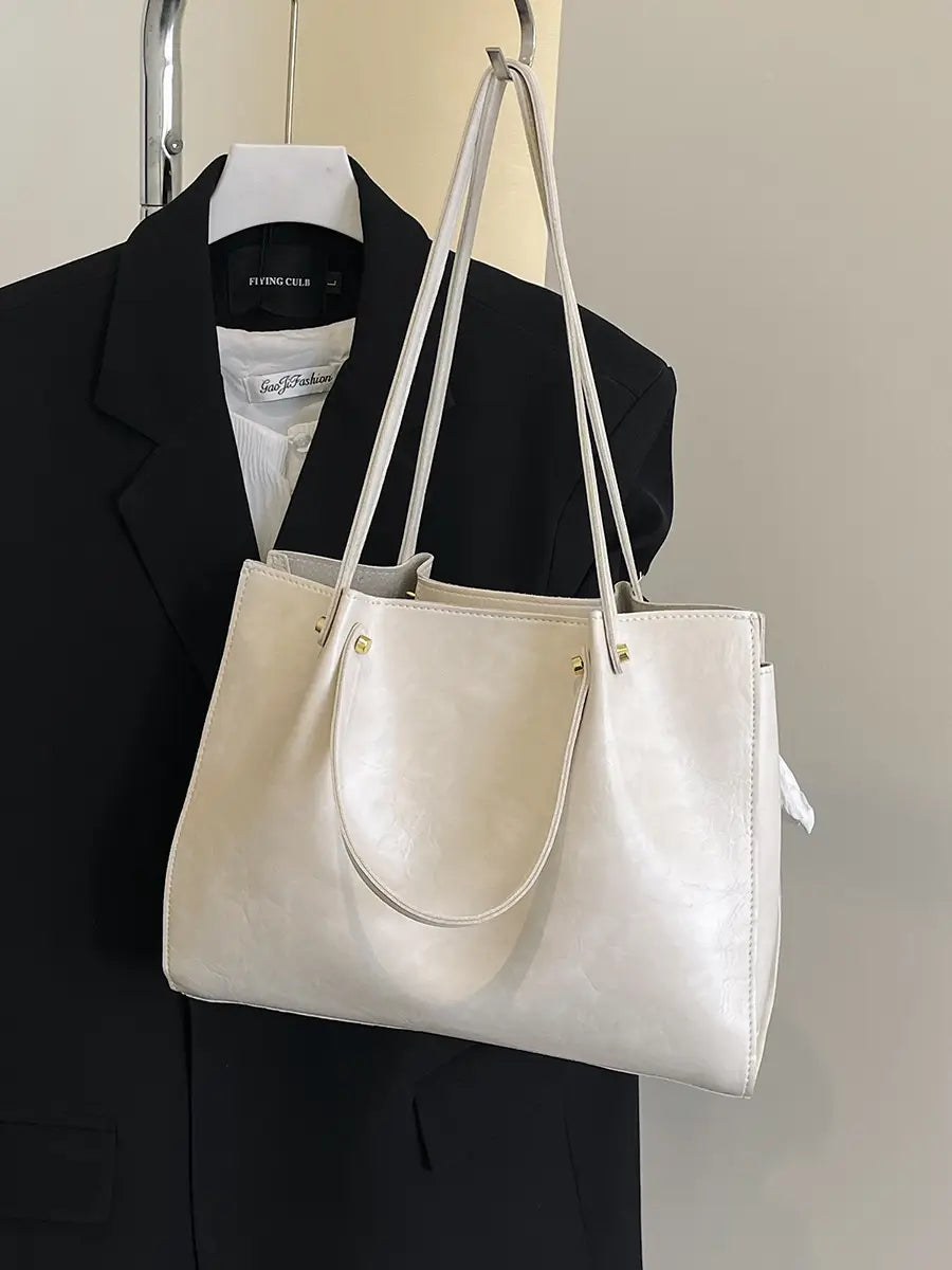 Women's White Leather Retro Tote Bag 2024 Winter
