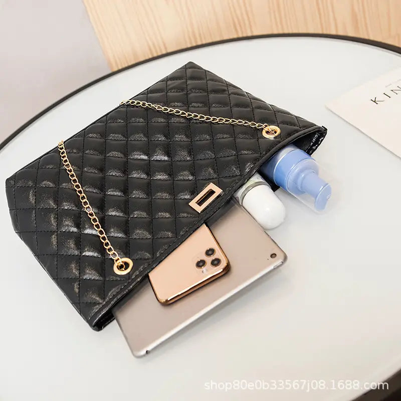 Black Quilted Women's Shoulder Bag with Gold Chain