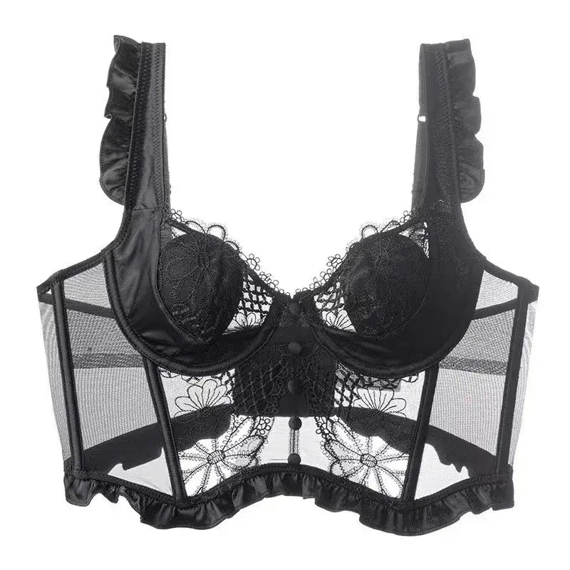 Black Lace French Waistcoat Bra Set for Women
