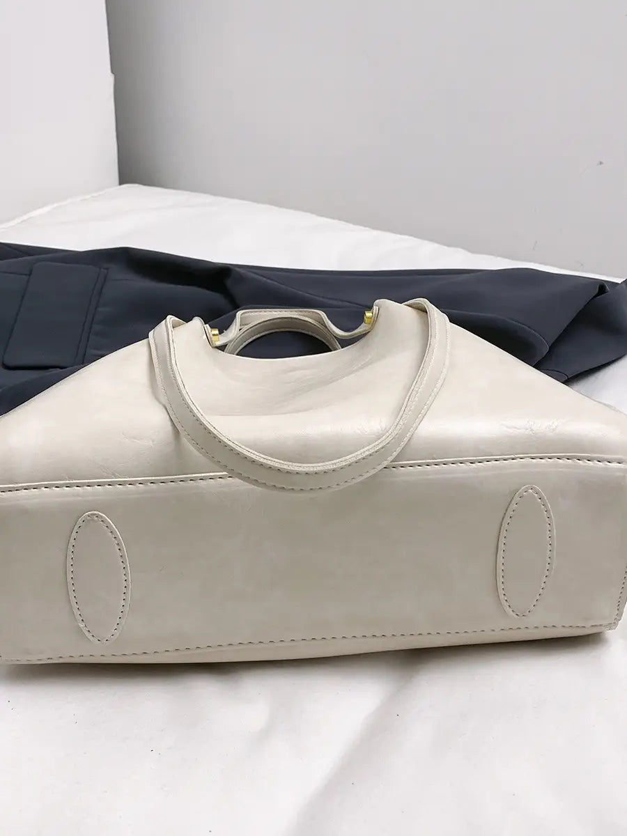 Women's White Leather Retro Tote Bag 2024 Winter