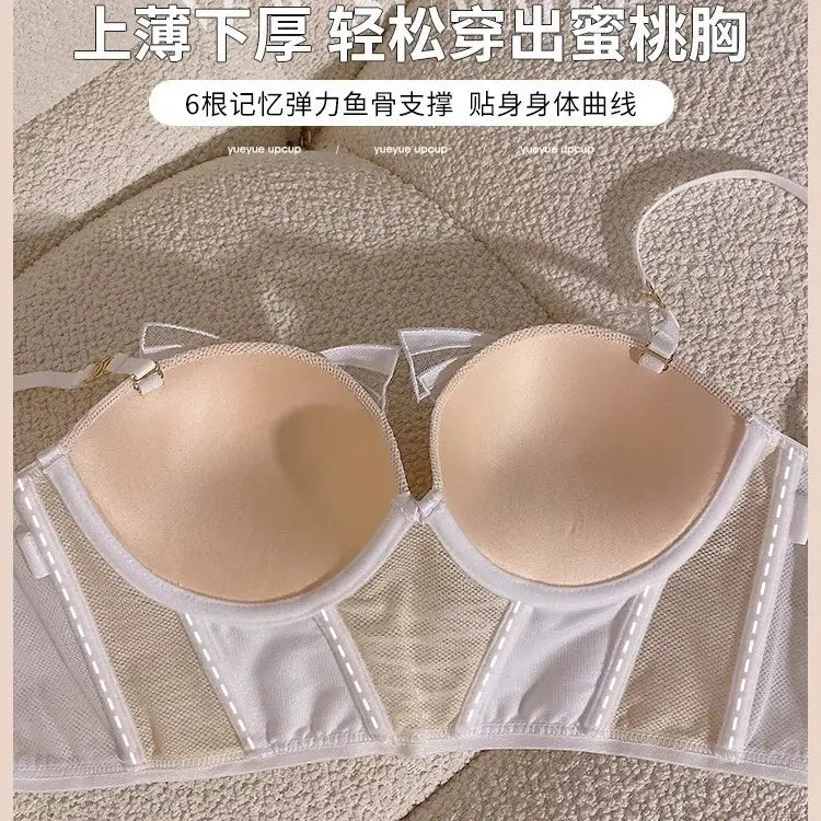 French Lace Bow Mesh Underwire Bra Set for Small Busts