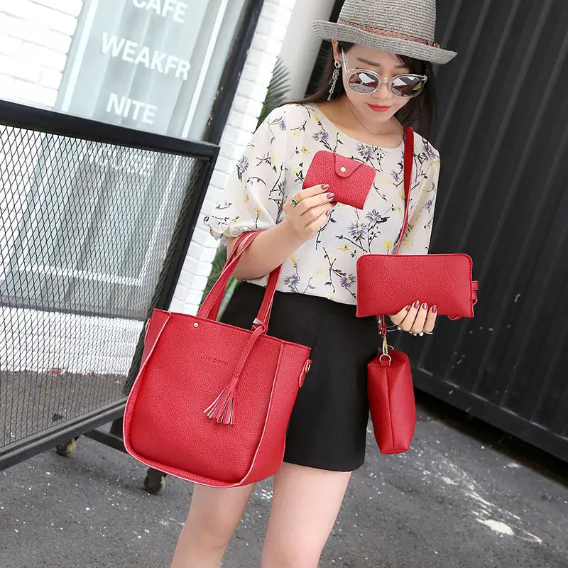 Women's 4-Piece Pink Leather Handbag Set