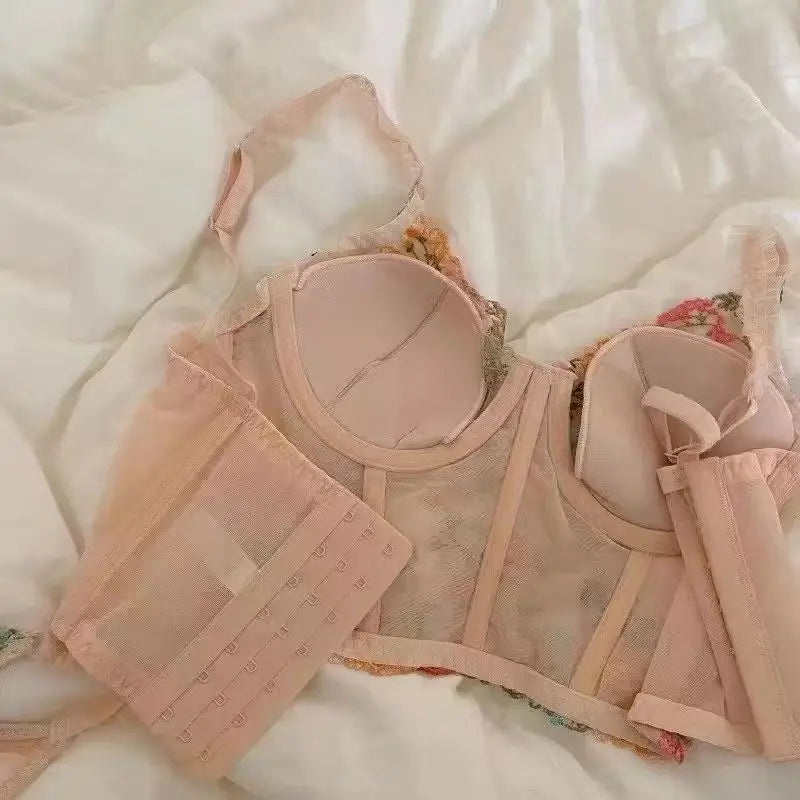 Transparent Embroidered Floral Sling Bra Non-Rimmed Small